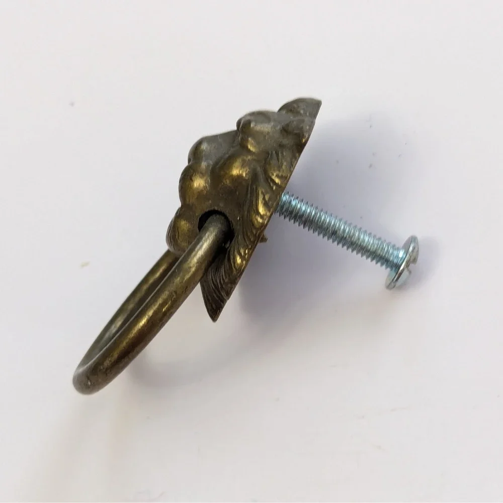 Vintage Antiqued Brass Lion Head Drop Ring Drawer Pull Furniture Handle 2.5